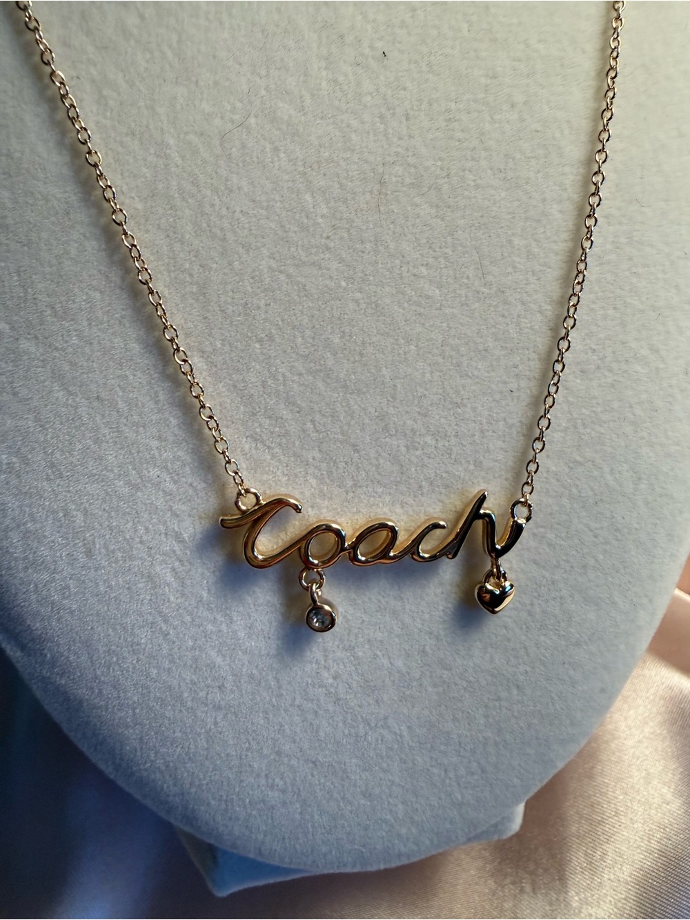 Coach Gold Script Logo Necklace with Heart and Drop Charm